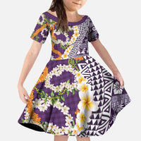 Hawaiian Plumeria Lei Family Matching Off The Shoulder Long Sleeve Dress and Hawaiian Shirt Kakau Motifs and Palaka Half Style Purple Color - Polynesian Pride