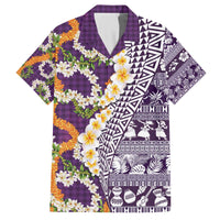Hawaiian Plumeria Lei Family Matching Off The Shoulder Long Sleeve Dress and Hawaiian Shirt Kakau Motifs and Palaka Half Style Purple Color - Polynesian Pride