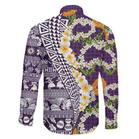 Hawaiian Plumeria Lei Family Matching Off The Shoulder Long Sleeve Dress and Hawaiian Shirt Kakau Motifs and Palaka Half Style Purple Color LT03 - Polynesian Pride