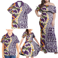 Hawaiian Plumeria Lei Family Matching Off Shoulder Maxi Dress and Hawaiian Shirt Kakau Motifs and Palaka Half Style Purple Color - Polynesian Pride