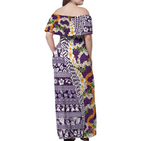 Hawaiian Plumeria Lei Family Matching Off Shoulder Maxi Dress and Hawaiian Shirt Kakau Motifs and Palaka Half Style Purple Color - Polynesian Pride