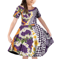 Hawaiian Plumeria Lei Family Matching Off Shoulder Short Dress and Hawaiian Shirt Kakau Motifs and Palaka Half Style Purple Color - Polynesian Pride