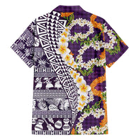 Hawaiian Plumeria Lei Family Matching Off Shoulder Short Dress and Hawaiian Shirt Kakau Motifs and Palaka Half Style Purple Color LT03 - Polynesian Pride