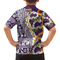 Hawaiian Plumeria Lei Family Matching Short Sleeve Bodycon Dress and Hawaiian Shirt Kakau Motifs and Palaka Half Style Purple Color LT03 - Polynesian Pride
