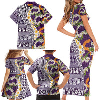 Hawaiian Plumeria Lei Family Matching Short Sleeve Bodycon Dress and Hawaiian Shirt Kakau Motifs and Palaka Half Style Purple Color - Polynesian Pride