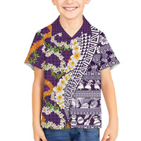 Hawaiian Plumeria Lei Family Matching Summer Maxi Dress and Hawaiian Shirt Kakau Motifs and Palaka Half Style Purple Color LT03 Son's Shirt Purple - Polynesian Pride