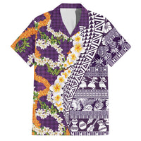 Hawaiian Plumeria Lei Family Matching Tank Maxi Dress and Hawaiian Shirt Kakau Motifs and Palaka Half Style Purple Color LT03 Dad's Shirt - Short Sleeve Purple - Polynesian Pride