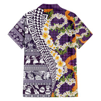 Hawaiian Plumeria Lei Family Matching Tank Maxi Dress and Hawaiian Shirt Kakau Motifs and Palaka Half Style Purple Color - Polynesian Pride