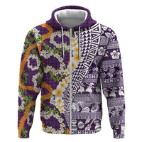 Hawaiian Plumeria Lei Hoodie Kakau Motifs and Palaka Half Style Purple Color - Polynesian Pride
