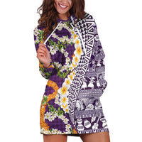 Hawaiian Plumeria Lei Hoodie Dress Kakau Motifs and Palaka Half Style Purple Color - Polynesian Pride