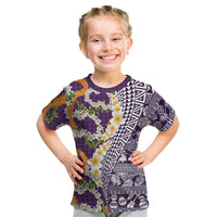 Hawaiian Plumeria Lei Kid T Shirt Kakau Motifs and Palaka Half Style Purple Color - Polynesian Pride