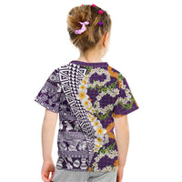 Hawaiian Plumeria Lei Kid T Shirt Kakau Motifs and Palaka Half Style Purple Color - Polynesian Pride