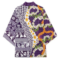 Hawaiian Plumeria Lei Kimono Kakau Motifs and Palaka Half Style Purple Color - Polynesian Pride