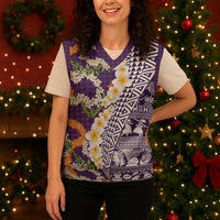 Hawaiian Plumeria Lei Christmas Knitted V-Neck Vest Kakau Motifs and Palaka Half Style Purple Color - Polynesian Pride
