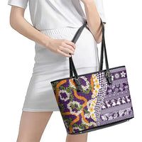 Hawaiian Plumeria Lei Leather Tote Bag Kakau Motifs and Palaka Half Style Purple Color - Polynesian Pride