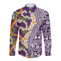 Hawaiian Plumeria Lei Long Sleeve Button Shirt Kakau Motifs and Palaka Half Style Purple Color - Polynesian Pride