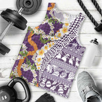 Hawaiian Plumeria Lei Men Tank Top Kakau Motifs and Palaka Half Style Purple Color - Polynesian Pride