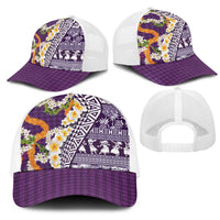 Hawaiian Plumeria Lei Mesh Trucker Cap Kakau Motifs and Palaka Half Style Purple Color LT03 - Polynesian Pride