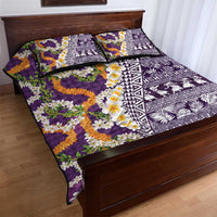 Hawaiian Plumeria Lei Quilt Bed Set Kakau Motifs and Palaka Half Style Purple Color - Polynesian Pride