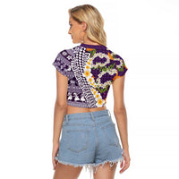 Hawaiian Plumeria Lei Raglan Cropped T Shirt Kakau Motifs and Palaka Half Style Purple Color - Polynesian Pride