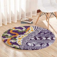 Hawaiian Plumeria Lei Round Carpet Kakau Motifs and Palaka Half Style Purple Color - Polynesian Pride