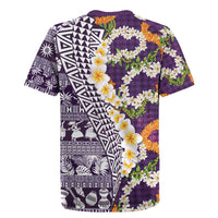 Hawaiian Plumeria Lei Rugby Jersey Kakau Motifs and Palaka Half Style Purple Color - Polynesian Pride