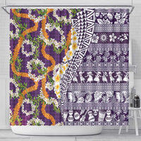 Hawaiian Plumeria Lei Shower Curtain Kakau Motifs and Palaka Half Style Purple Color - Polynesian Pride