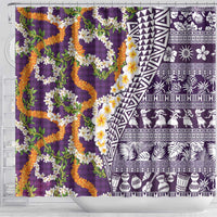 Hawaiian Plumeria Lei Shower Curtain Kakau Motifs and Palaka Half Style Purple Color - Polynesian Pride