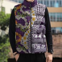 Hawaiian Plumeria Lei Sleeveless Puffer Jacket Kakau Motifs and Palaka Half Style Purple Color - Polynesian Pride