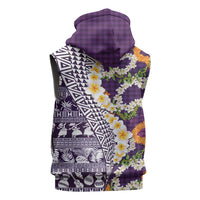 Hawaiian Plumeria Lei Sleeveless Zip Hoodie Kakau Motifs and Palaka Half Style Purple Color - Polynesian Pride