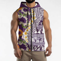 Hawaiian Plumeria Lei Sleeveless Zip Hoodie Kakau Motifs and Palaka Half Style Purple Color - Polynesian Pride