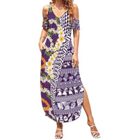 Hawaiian Plumeria Lei Summer Maxi Dress Kakau Motifs and Palaka Half Style Purple Color - Polynesian Pride
