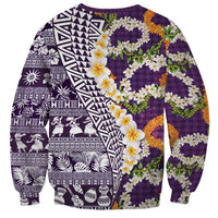 Hawaiian Plumeria Lei Sweatshirt Kakau Motifs and Palaka Half Style Purple Color - Polynesian Pride