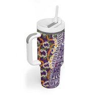 Hawaiian Plumeria Lei Tumbler With Handle Kakau Motifs and Palaka Half Style Purple Color - Polynesian Pride