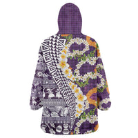 Hawaiian Plumeria Lei Wearable Blanket Hoodie Kakau Motifs and Palaka Half Style Purple Color - Polynesian Pride