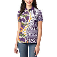 Hawaiian Plumeria Lei Women Polo Shirt Kakau Motifs and Palaka Half Style Purple Color - Polynesian Pride
