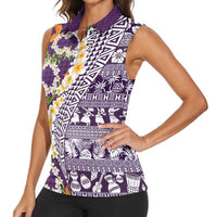 Hawaiian Plumeria Lei Women Sleeveless Polo Shirt Kakau Motifs and Palaka Half Style Purple Color - Polynesian Pride
