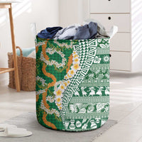 Hawaiian Plumeria Lei Laundry Basket Kakau Motifs and Palaka Half Style Green Color - Polynesian Pride