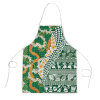Hawaiian Plumeria Lei Apron Kakau Motifs and Palaka Half Style Green Color - Polynesian Pride