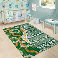 Hawaiian Plumeria Lei Area Rug Kakau Motifs and Palaka Half Style Green Color - Polynesian Pride