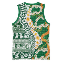 Hawaiian Plumeria Lei Basketball Jersey Kakau Motifs and Palaka Half Style Green Color - Polynesian Pride