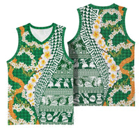 Hawaiian Plumeria Lei Basketball Jersey Kakau Motifs and Palaka Half Style Green Color - Polynesian Pride