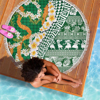 Hawaiian Plumeria Lei Beach Blanket Kakau Motifs and Palaka Half Style Green Color - Polynesian Pride