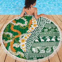 Hawaiian Plumeria Lei Beach Blanket Kakau Motifs and Palaka Half Style Green Color - Polynesian Pride