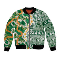 Hawaiian Plumeria Lei Bomber Jacket Kakau Motifs and Palaka Half Style Green Color - Polynesian Pride