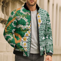 Hawaiian Plumeria Lei Bomber Puffer Jacket Kakau Motifs and Palaka Half Style Green Color - Polynesian Pride