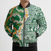 Hawaiian Plumeria Lei Bomber Puffer Jacket Kakau Motifs and Palaka Half Style Green Color - Polynesian Pride