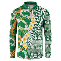 Hawaiian Plumeria Lei Button Sweatshirt Kakau Motifs and Palaka Half Style Green Color - Polynesian Pride