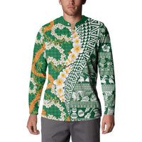 Hawaiian Plumeria Lei Button Sweatshirt Kakau Motifs and Palaka Half Style Green Color - Polynesian Pride