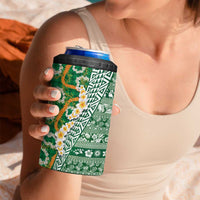 Hawaiian Plumeria Lei 4 in 1 Can Cooler Tumbler Kakau Motifs and Palaka Half Style Green Color - Polynesian Pride